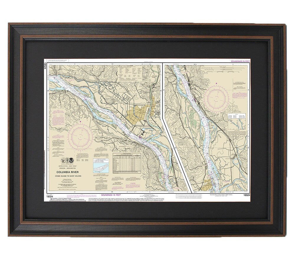Framed Nautical Chart 18524 - Columbia River. Crims Island to Saint Helens. NOAA 18524. Handmade in the USA.
