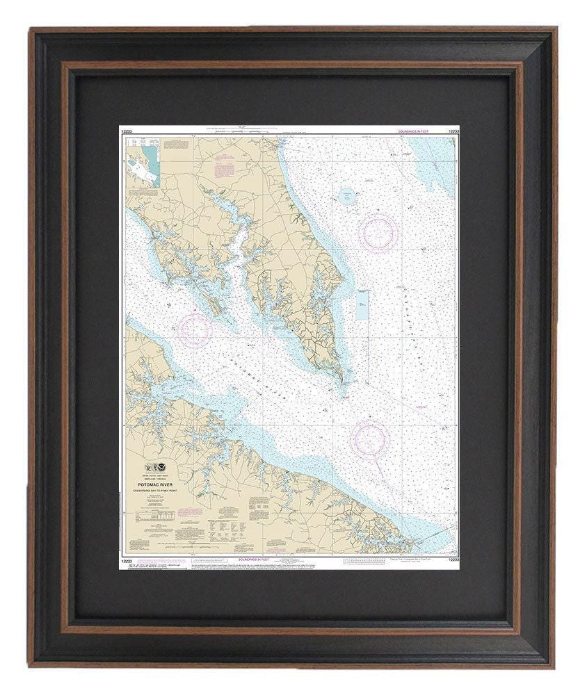 Framed Nautical Chart 12233 - Chesapeake Bay, Potomac River to Piney Point. NOAA 12233. Handmade in the USA.