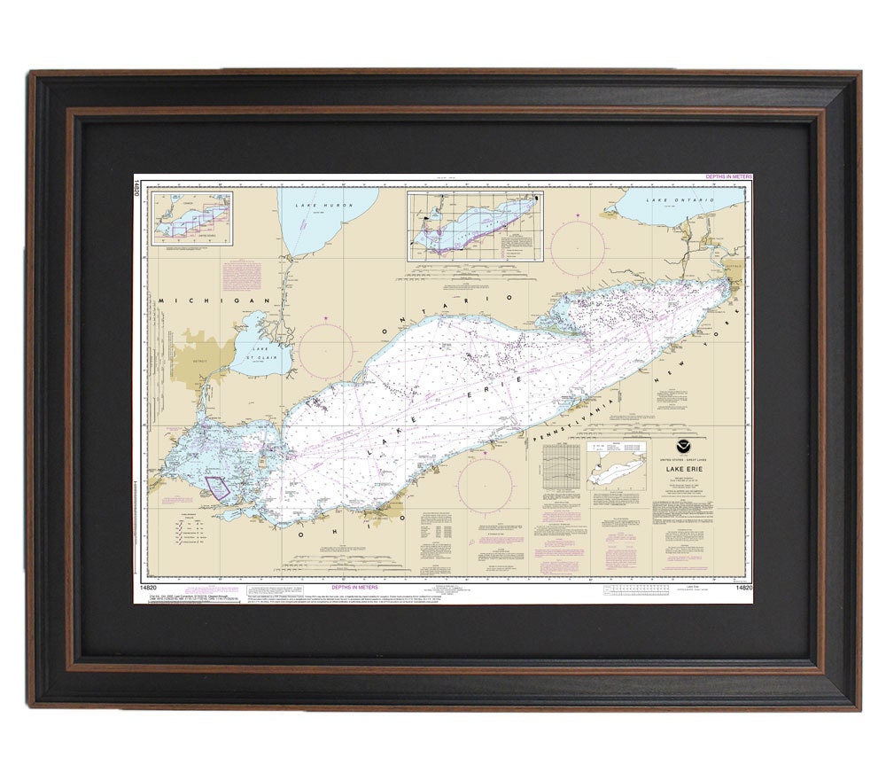 Framed Nautical Chart 14820 - Lake Erie. NOAA 14820. Handmade in the USA.