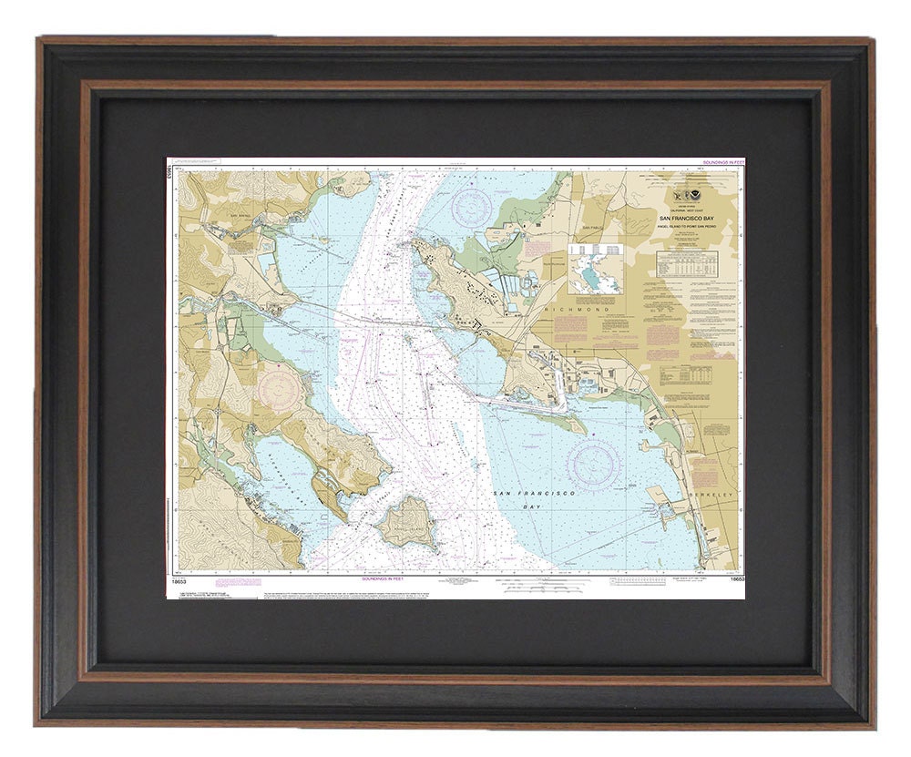 Framed Nautical Chart 18653 - San Francisco Bay-Angel Island to Point San Pedro. NOAA 18653. Handmade in the USA.