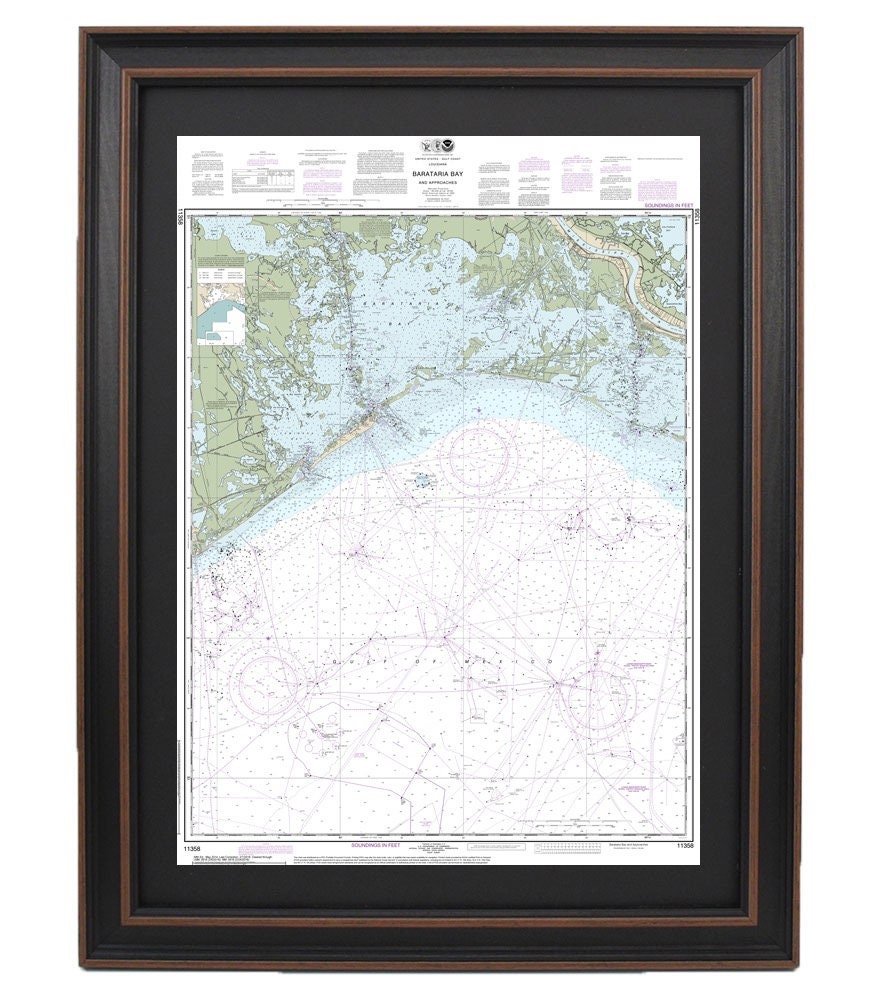 Framed Nautical Chart 11358 - Barataria Bay and Approaches. NOAA 11358. Handmade in the USA.