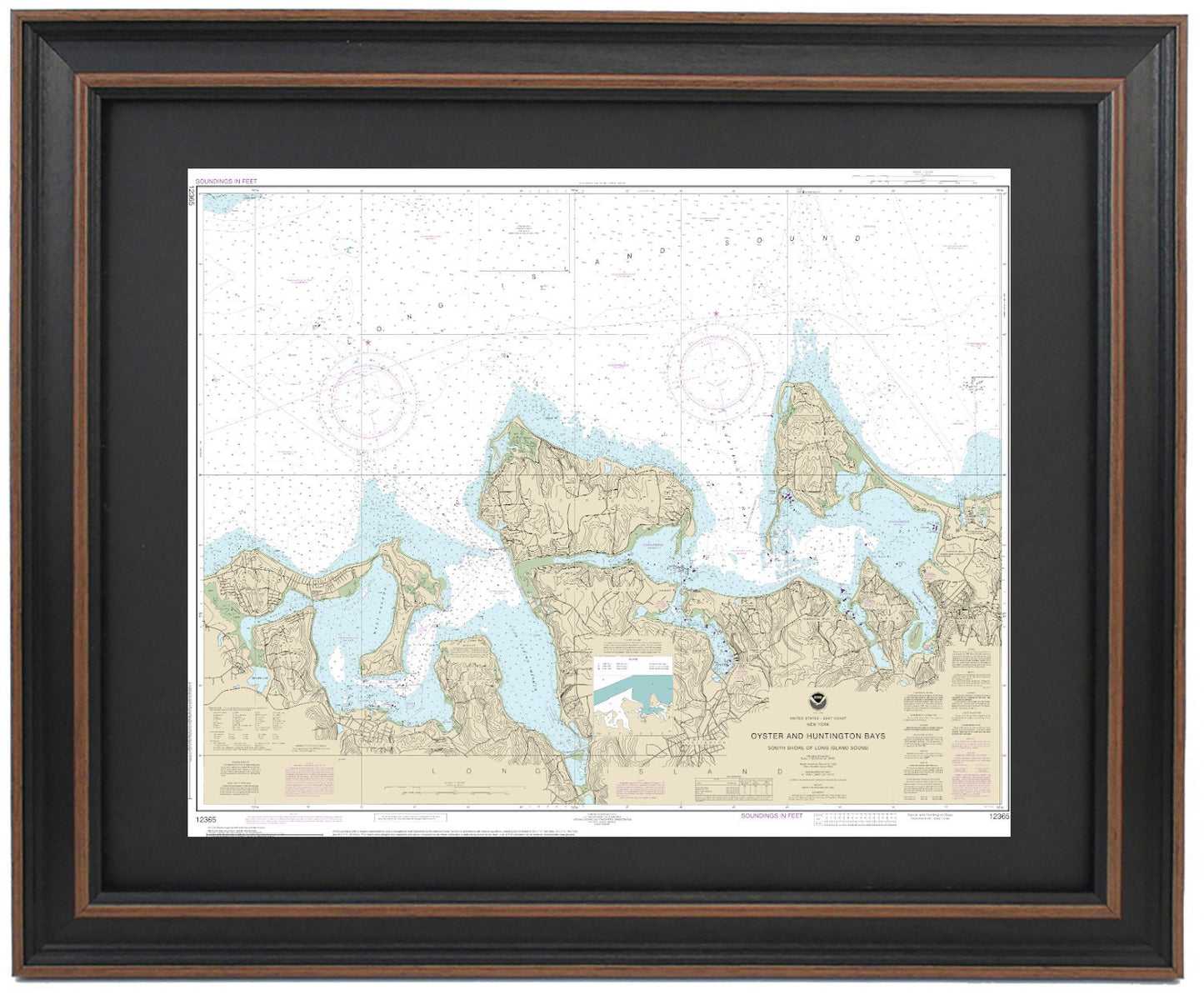Framed Nautical Chart 12365 - South Shore of Long Island Sound Oyster and Huntington Bays. NOAA Handmade in the USA.