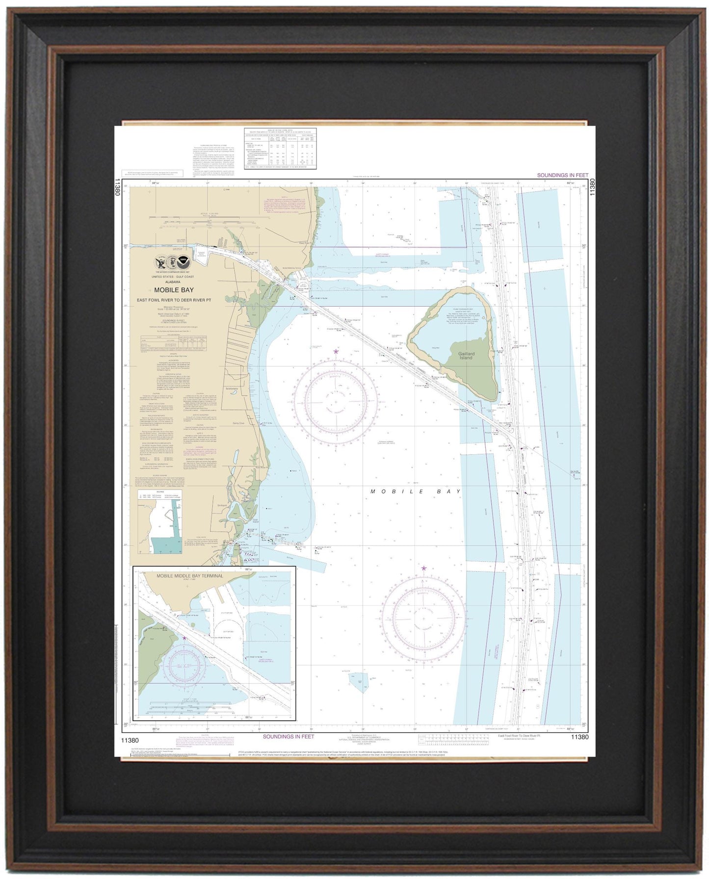 Framed Nautical Chart 11380 - Mobile Bay. East Fowl River to Deer River Point. NOAA 11380. Handmade in the USA.
