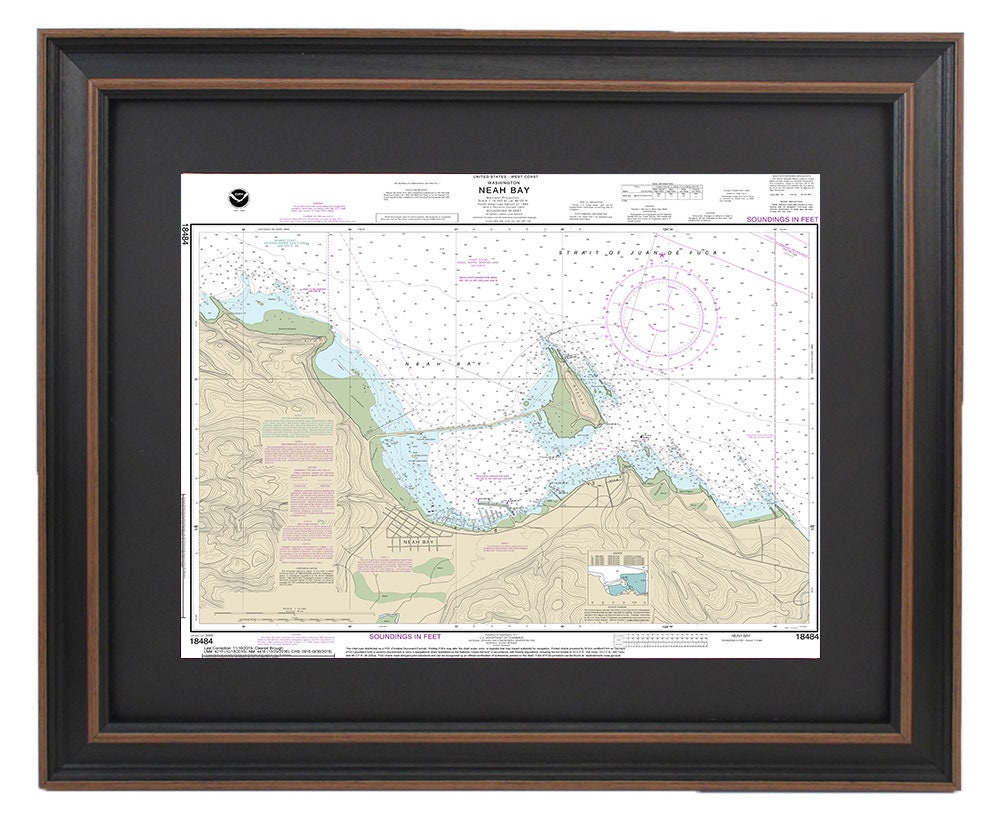 Framed Nautical Chart 18484 - Neah Bay. NOAA 18484. Handmade in the USA.