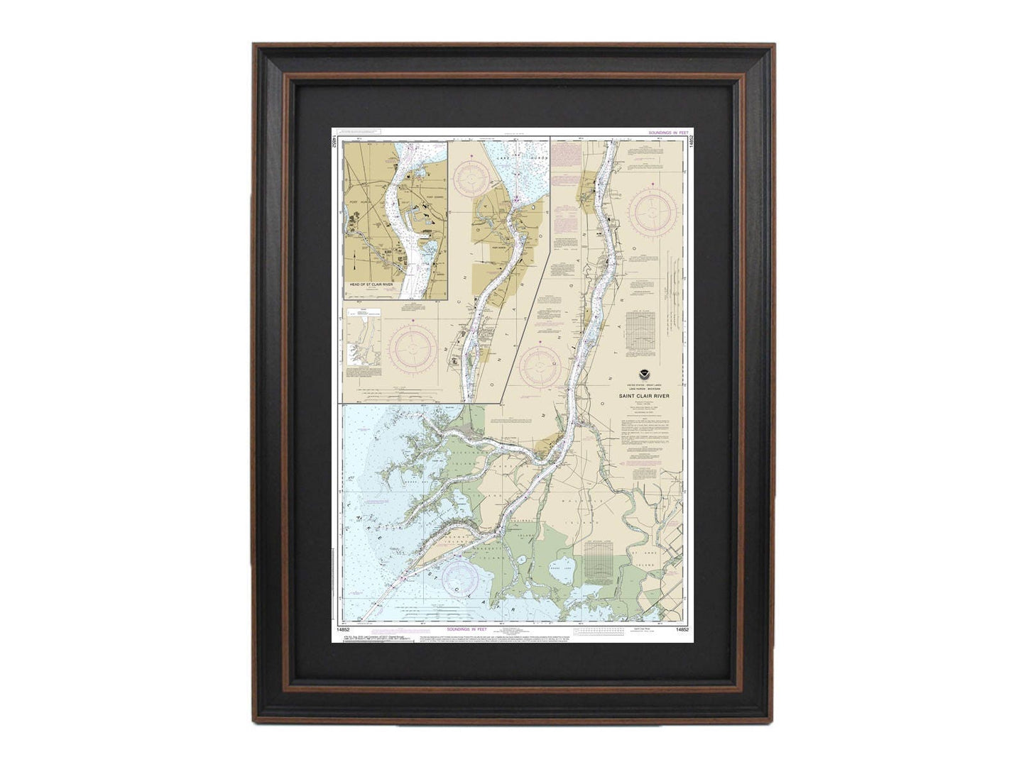Framed Nautical Chart 14852 - Head of St. Clair River NOAA 14852. Handmade in the USA.