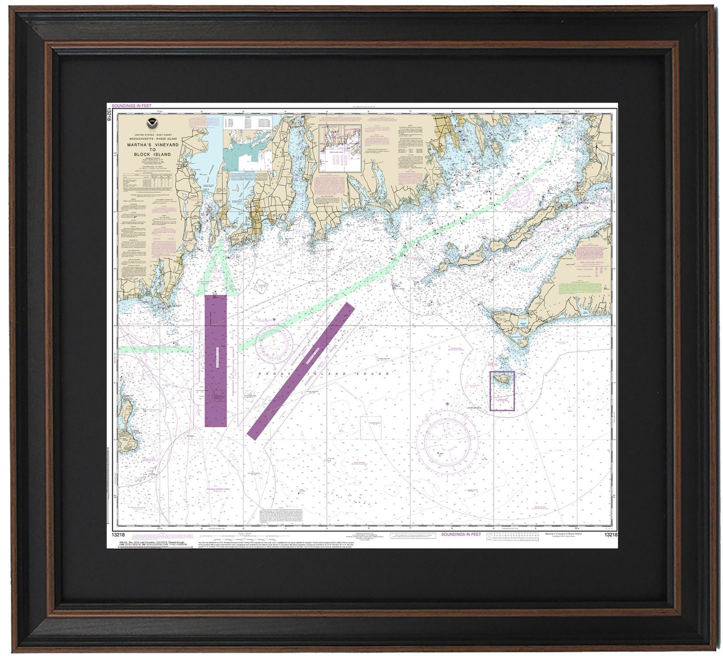 Framed Nautical Chart 13218 - Marthas Vineyard to Block Island. NOAA 13218. Handmade in the USA.
