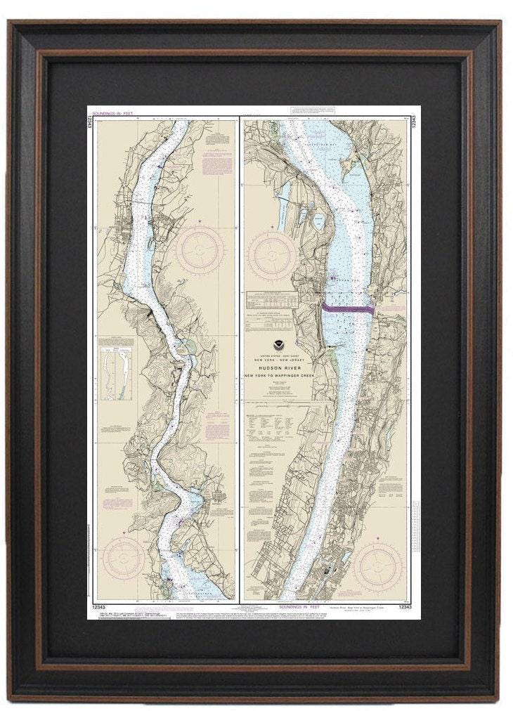 Framed Nautical Chart 12343 - Hudson River, NY to Wappinger Creek, NJ. NOAA 12343.