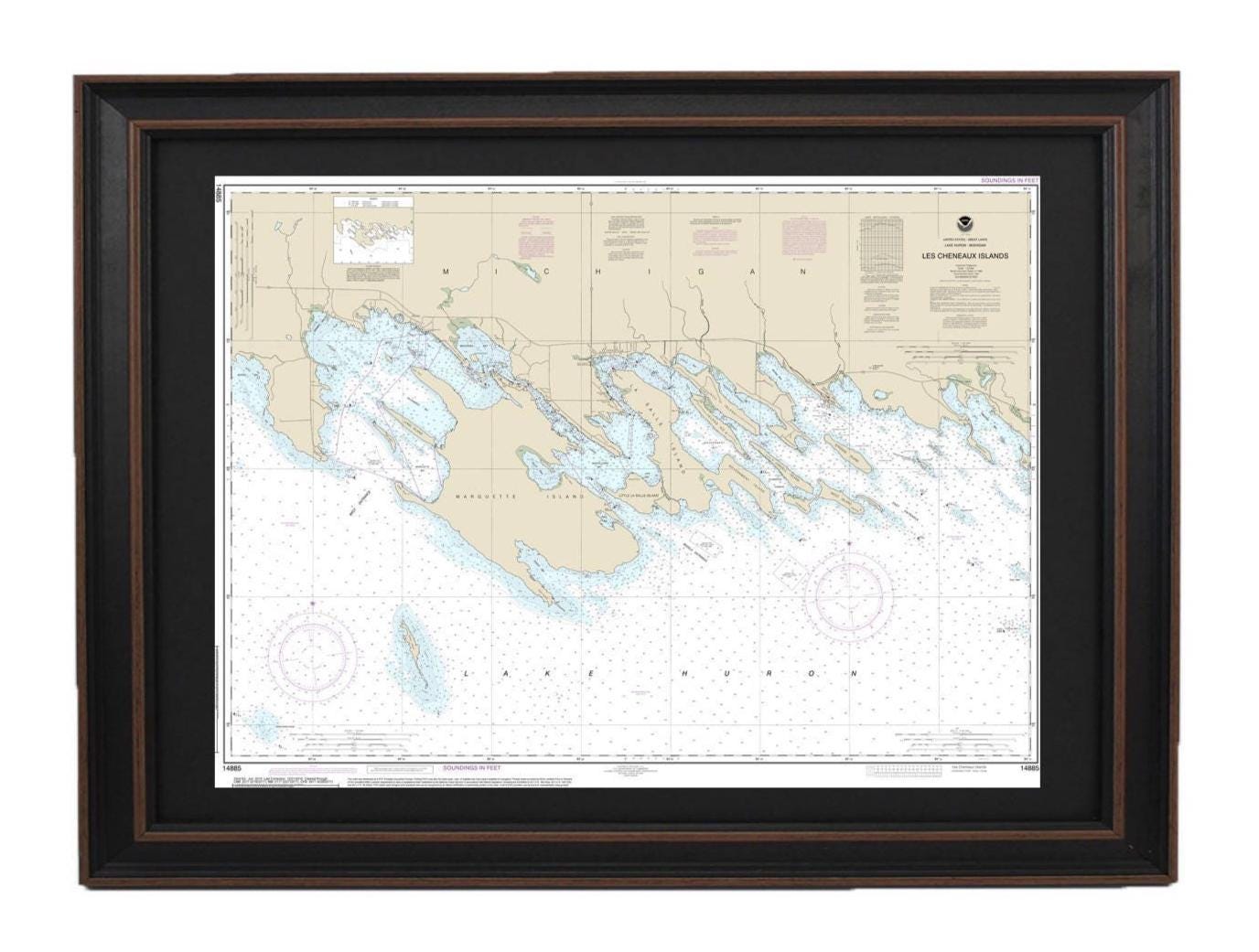 Framed Nautical Chart 14885 - Les Cheneaux Islands, Lake Huron, Michigan NOAA 14885. Handmade in the USA.