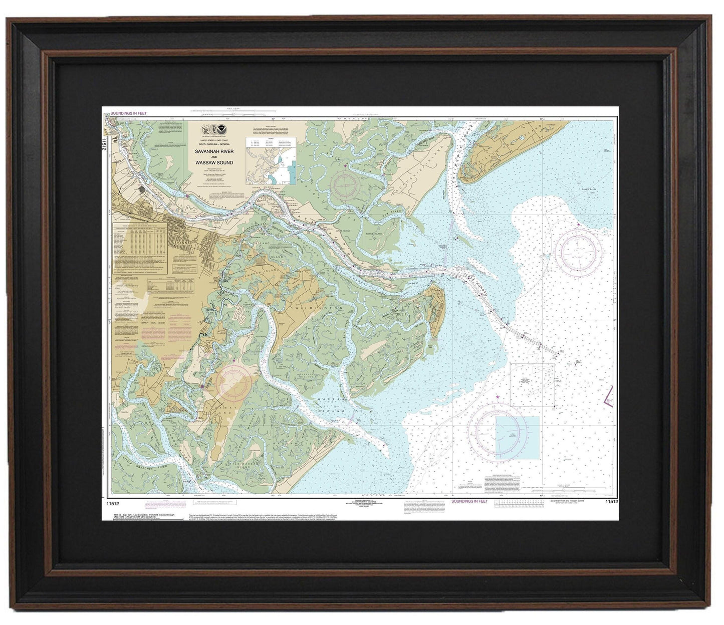 Framed Nautical Chart 11512 - Savannah River and Wassaw Sound. NOAA 11512. Handmade in the USA.