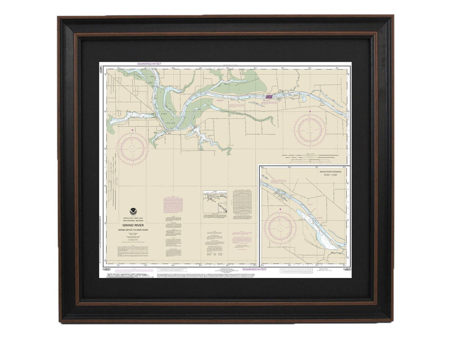 Framed Nautical Chart 14931 - Grand River, Michigan. NOAA 14931. Handmade in the USA.