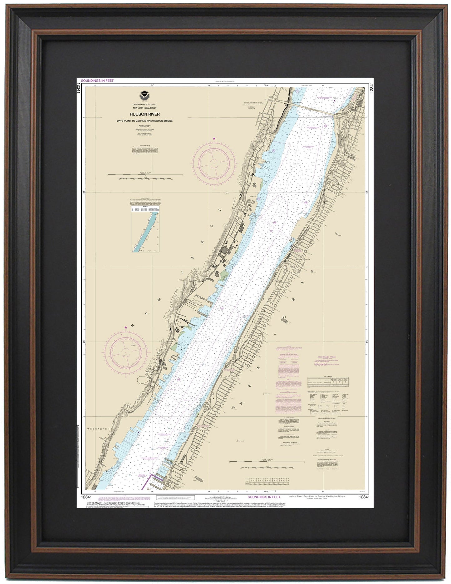 Framed Nautical Chart 12341 - Hudson River. Days Point to George Washington Bridge. NOAA 12341. Handmade in the USA.