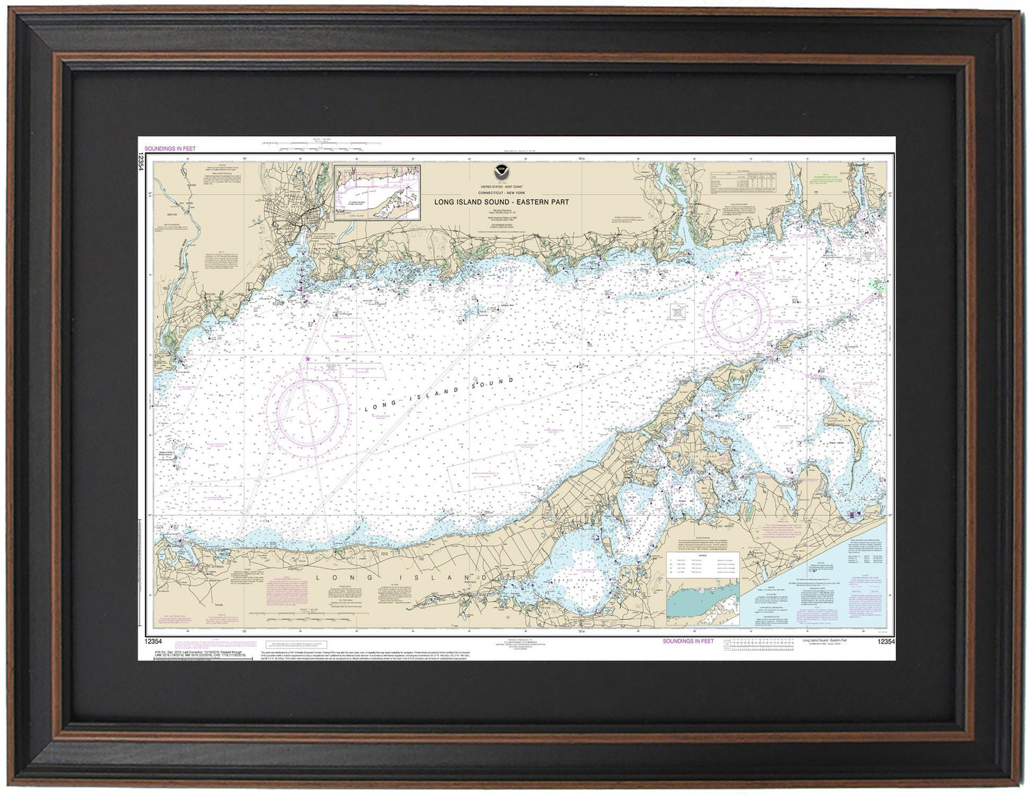 Framed Nautical Chart 12354 - Long Island Sound, NY. Eastern Part. NOAA 12354. Handmade in the USA.