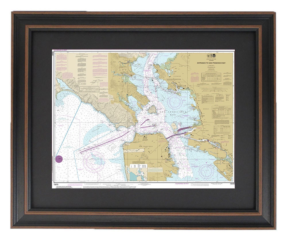Framed Nautical Chart 18649 - Entrance to San Francisco Bay. NOAA 18649. Handmade in the USA.