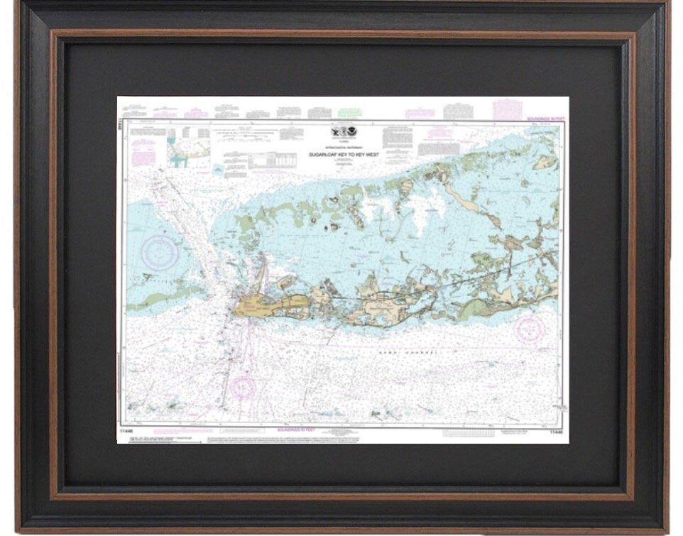Framed Nautical Chart 11446 - Intracoastal Waterway. Sugarloaf Key to Key West. NOAA 11446. Handmade in the USA.
