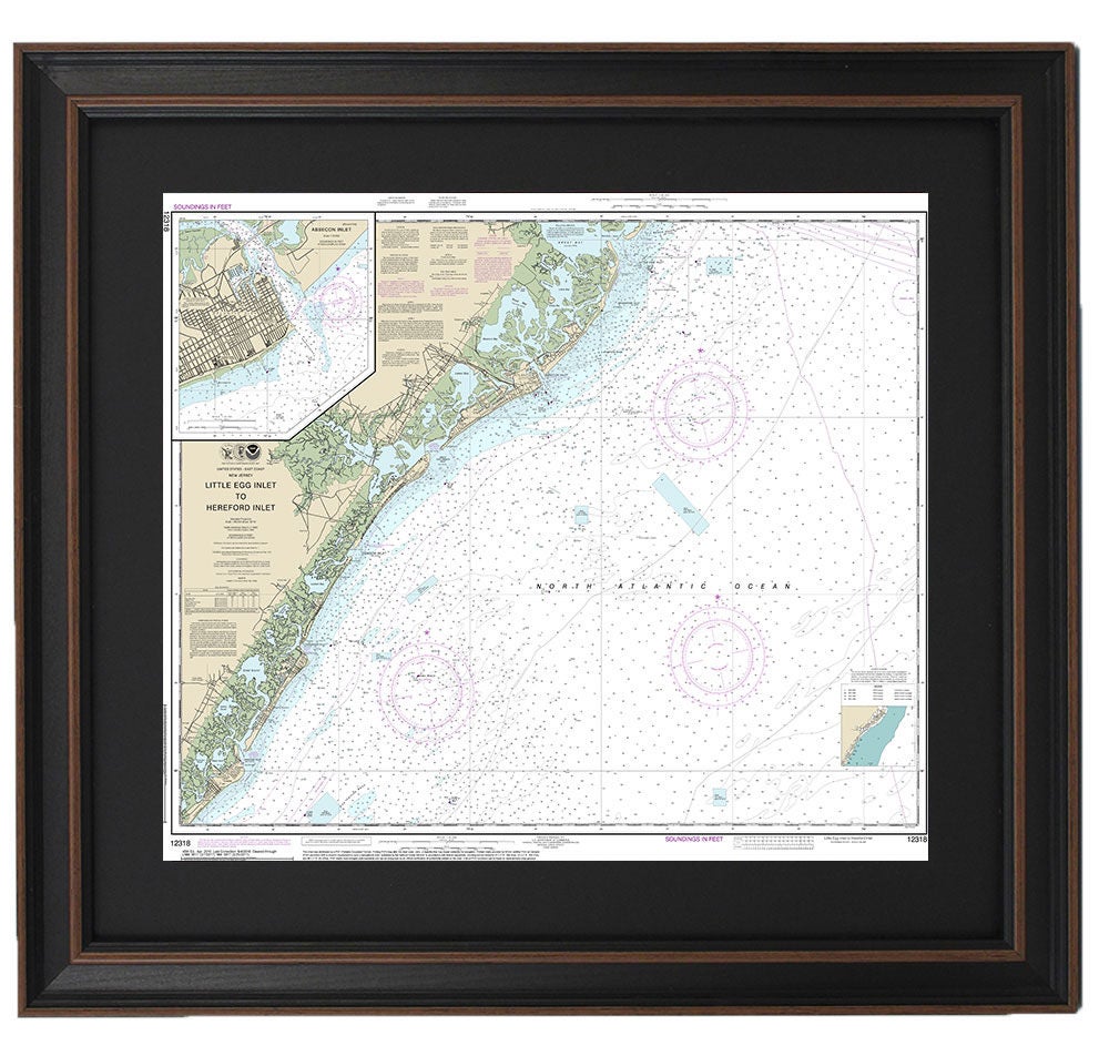 Framed Nautical Chart 12318 - Little Egg Harbor to Hereford Inlet. NOAA 12318. Handmade in the USA.