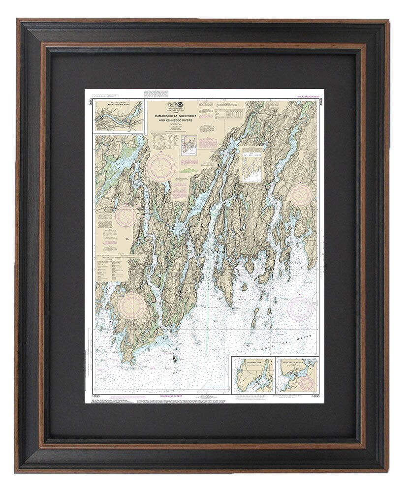 Framed Nautical Chart 13293 - Damariscotta, Sheepscot and Kennebec Rivers. NOAA 13293. Handmade in the USA.