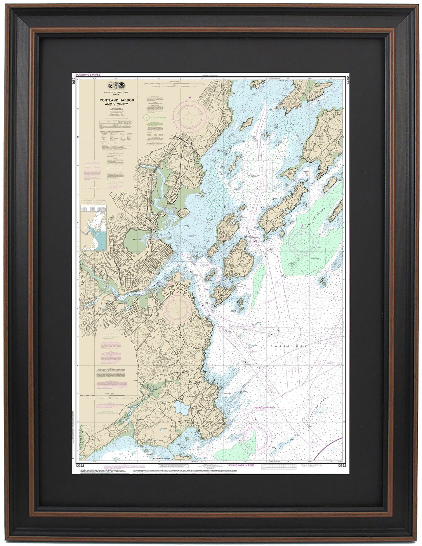 Framed Nautical Chart 13292 - Portland Harbor. NOAA 13292. Handmade in the USA.