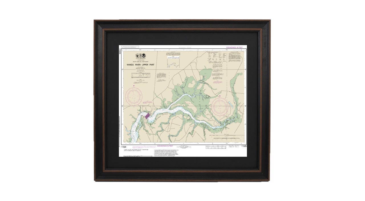 Framed Nautical Chart 11526 - South Carolina's Wando River. NOAA 11526. Handmade in the USA.