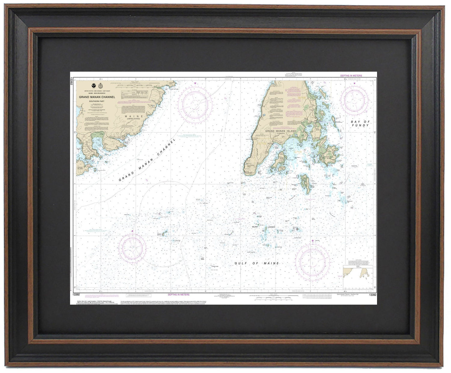 Framed Nautical Chart 13392 - Grand Manan Channel, Maine. NOAA 13392. Handmade in the USA.