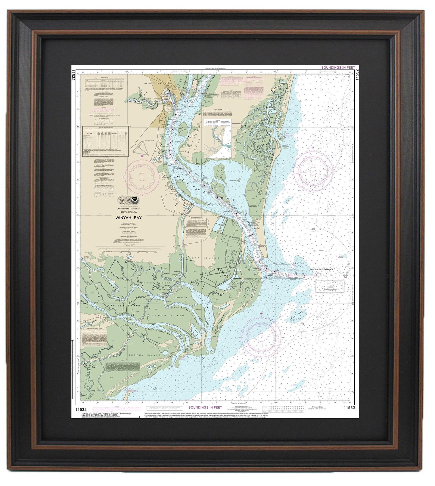 Framed Nautical Chart 11532 - Winyah Bay. NOAA 11532. Handmade in the USA.