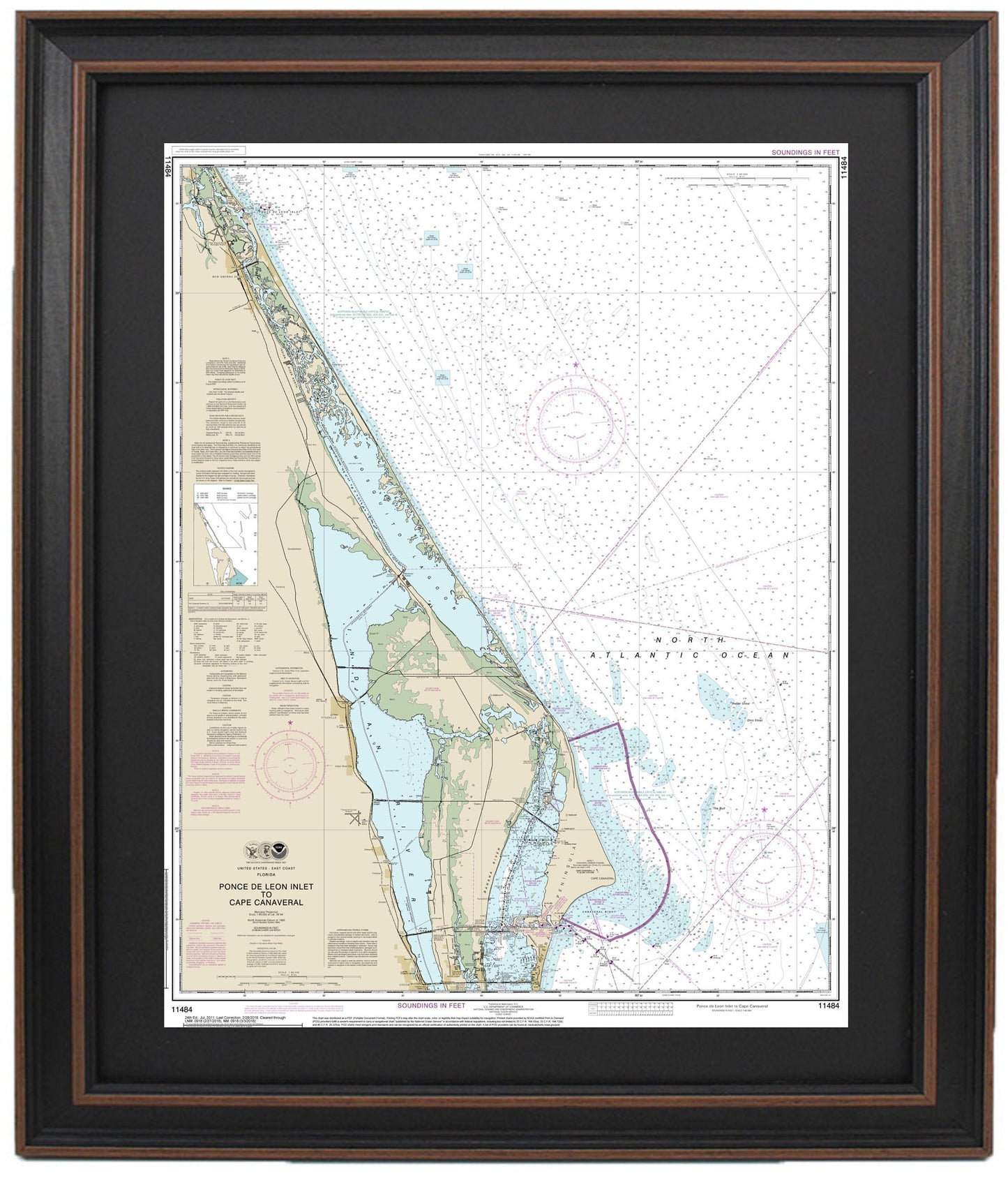 Framed Nautical Chart 11484 - Ponce de Leon Inlet to Cape Canaveral. NOAA 11484. Handmade in the USA.
