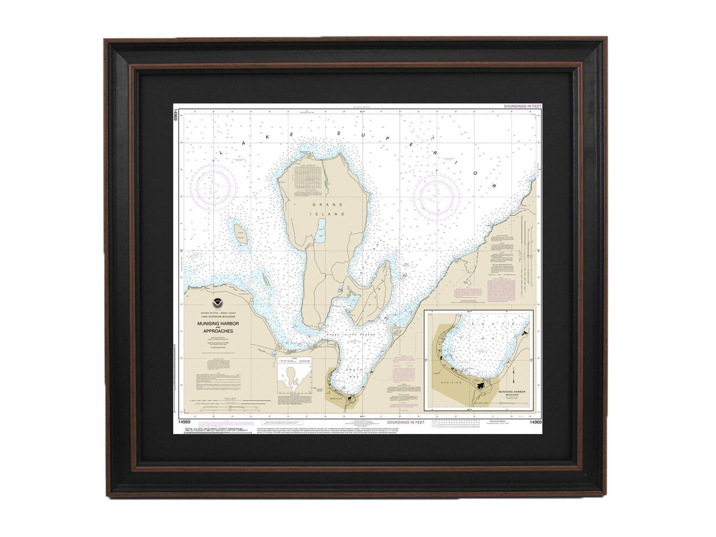 Framed Nautical Chart 14969 - Munising Harbor, Lake Superior, Michigan. NOAA 14969. Handmade in the USA.