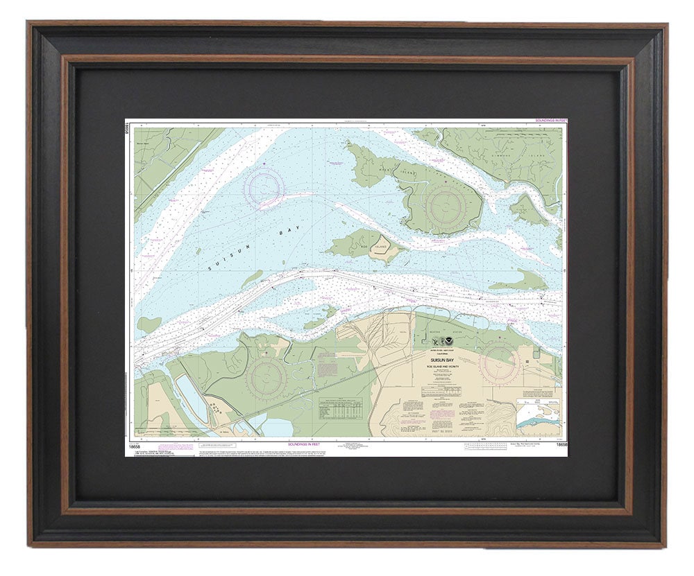 Framed Nautical Chart 18658 - Suisun Bay. Roe Island and Vicinity. NOAA 18658. Handmade in the USA.