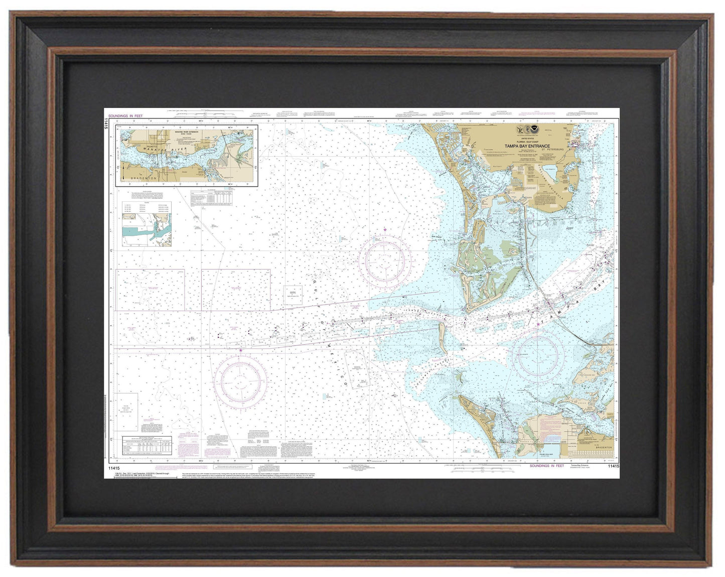 Framed Nautical Chart 11415 - Tampa Bay Entrance. NOAA 11415. Handmade in the USA.