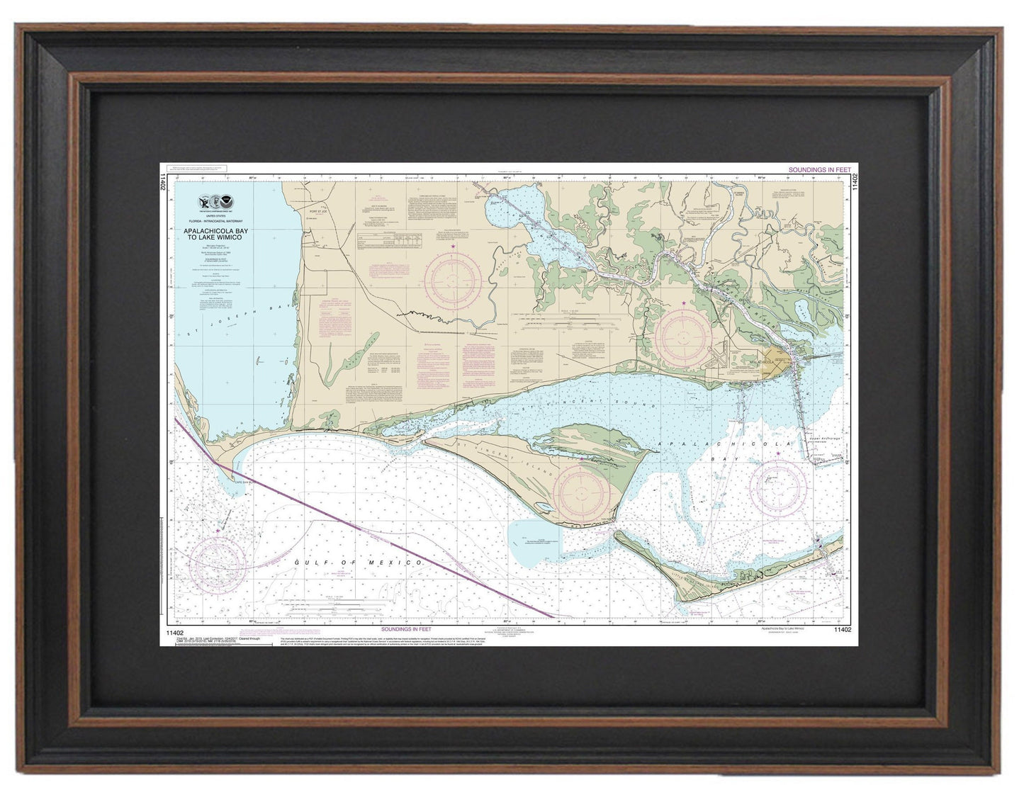 Framed Nautical Chart 11402 - Intracoastal Waterway. Apalachicola Bay to Lake Wimico. NOAA 11402. Handmade in the USA.