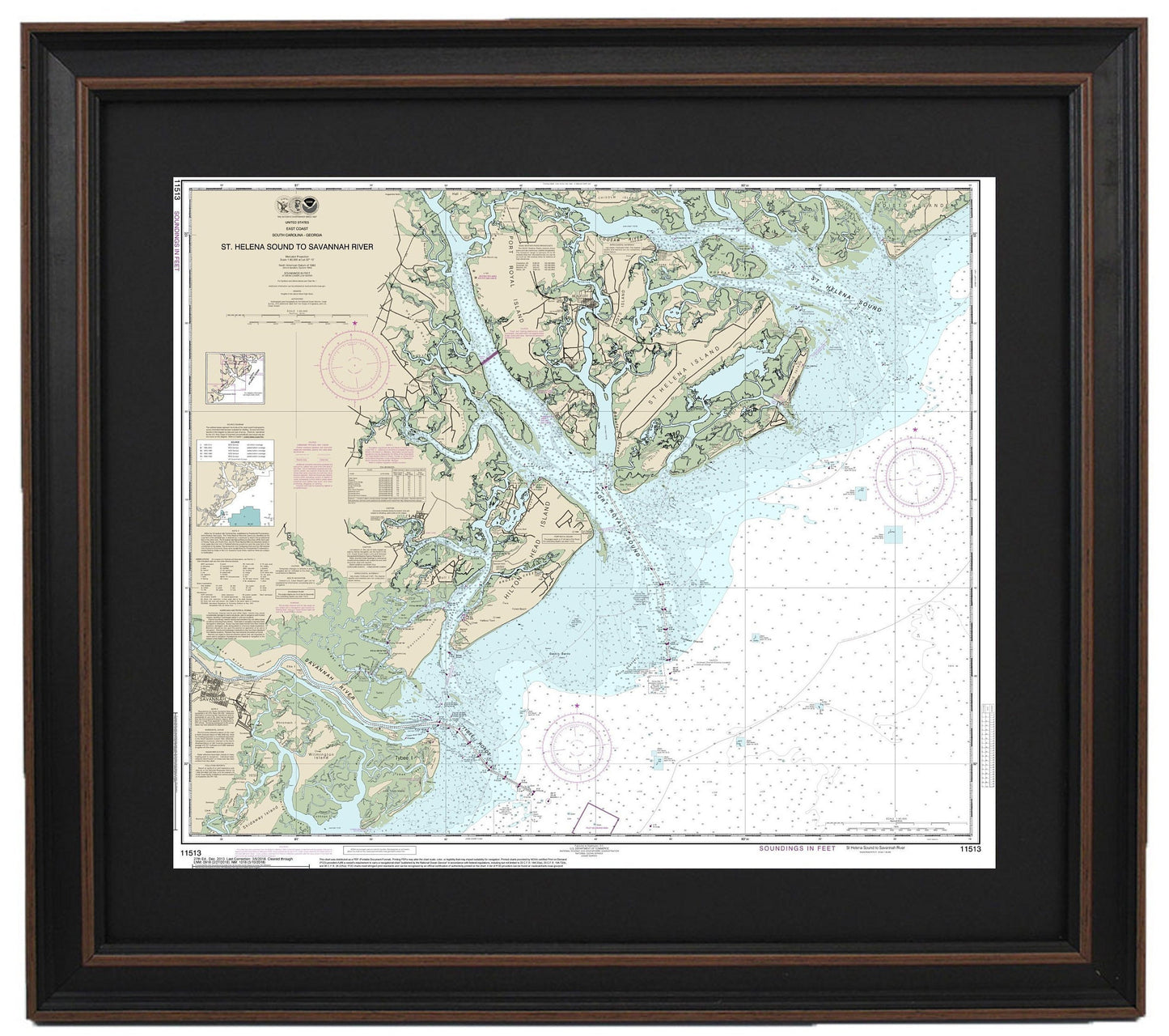 Framed Nautical Chart 11513 - St. Helena Sound to Savannah River. NOAA 11513. Handmade in the USA.