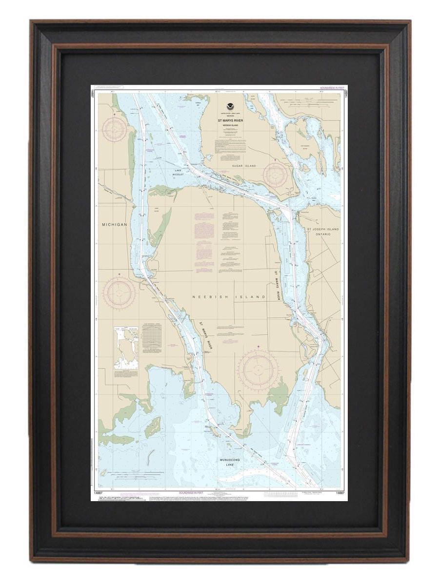 Framed Nautical Chart 14887 - St Marys River - Neebish Island, Michigan. NOAA 14887. Handmade in the USA.
