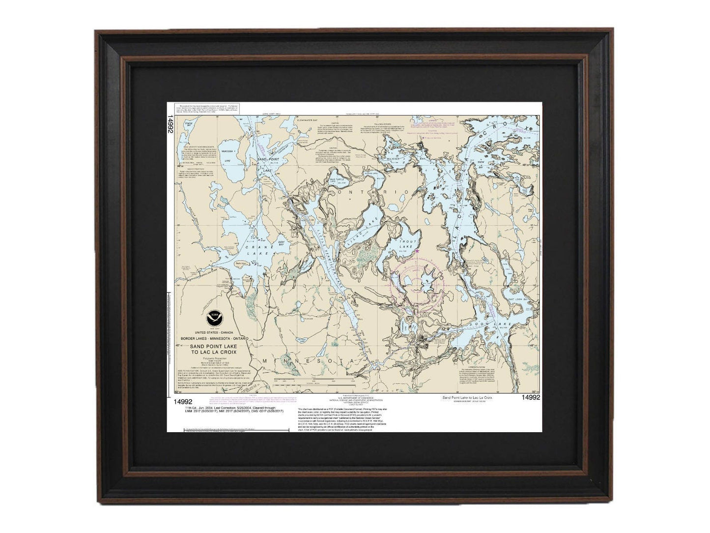 Framed Nautical Chart 14992 - Sand Point Lake to Lac la Croix, Minnesota. NOAA 14992. Handmade in the USA.