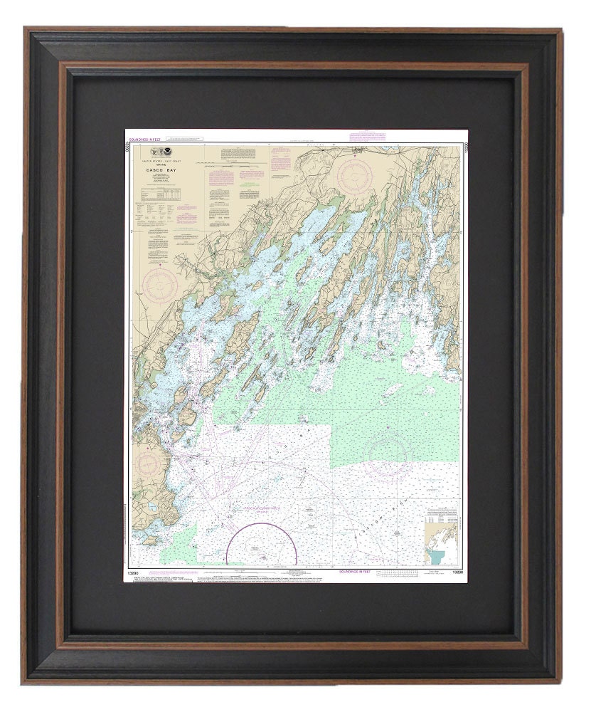 Framed Nautical Chart 13290 - Casco Bay. NOAA 13290. Handmade in the USA.