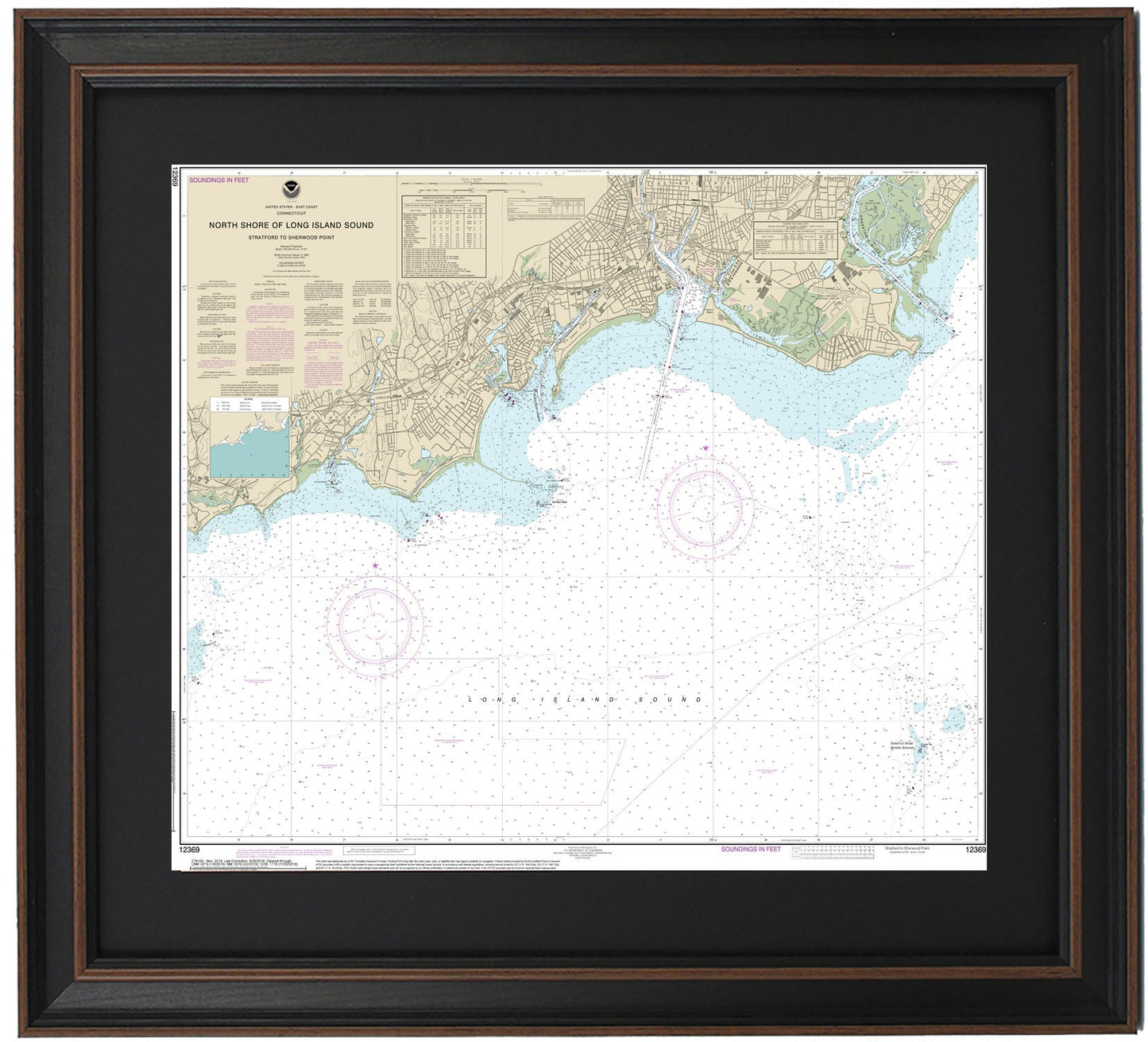 Framed Nautical Chart 12369 - North Shore of Long Island Sound. Stratford to Sherwood Point. NOAA 12369. Handmade in the USA.
