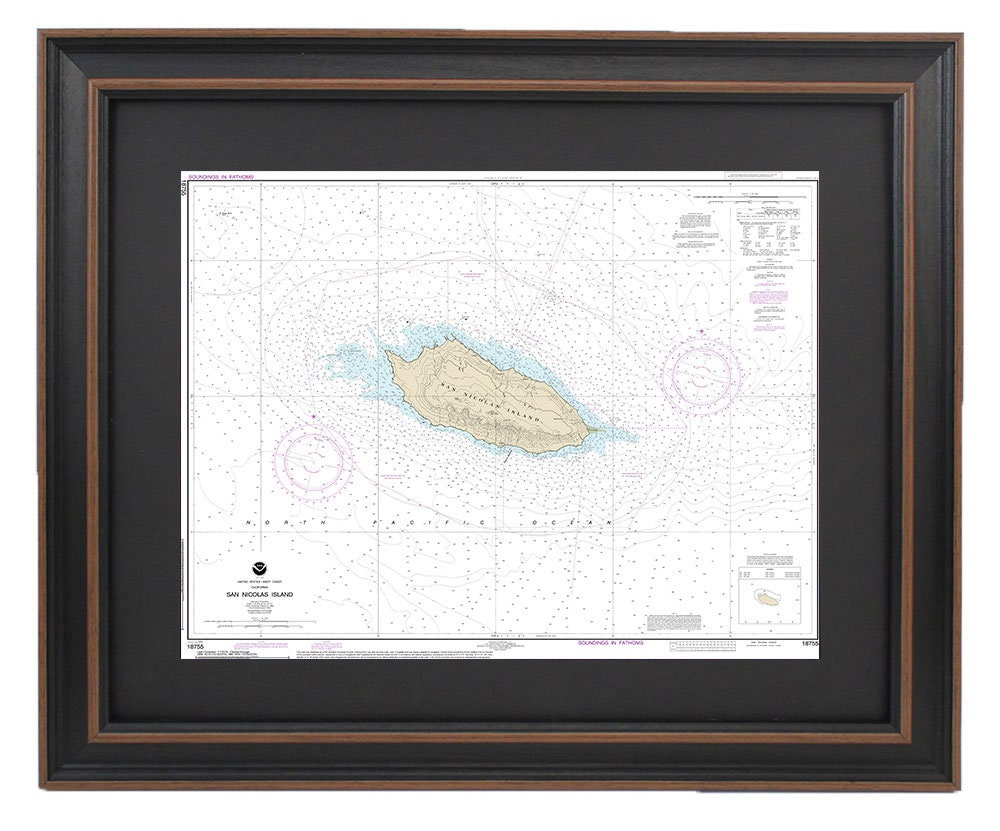 Framed Nautical Chart 18755 - San Nicolas Island. NOAA 18755. Handmade in the USA.