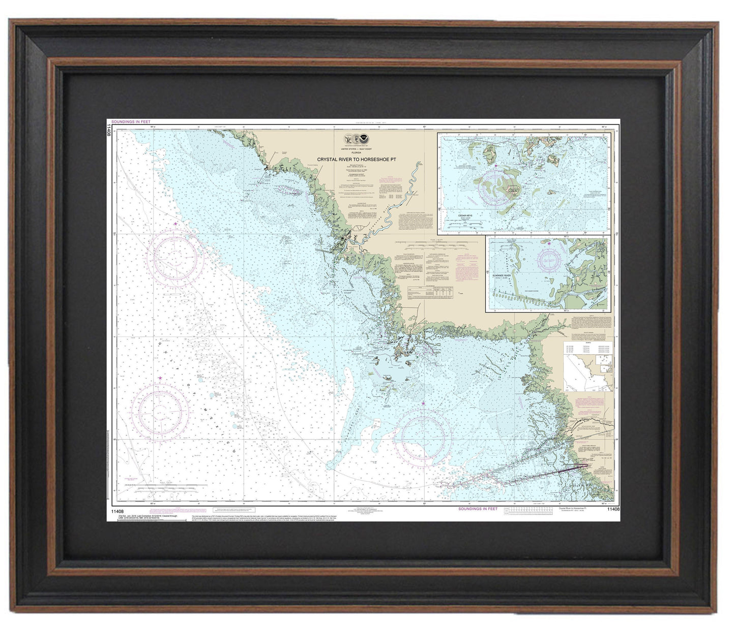 Framed Nautical Chart 11408 - Crystal River to Horseshoe Point. NOAA 11408. Handmade in the USA.