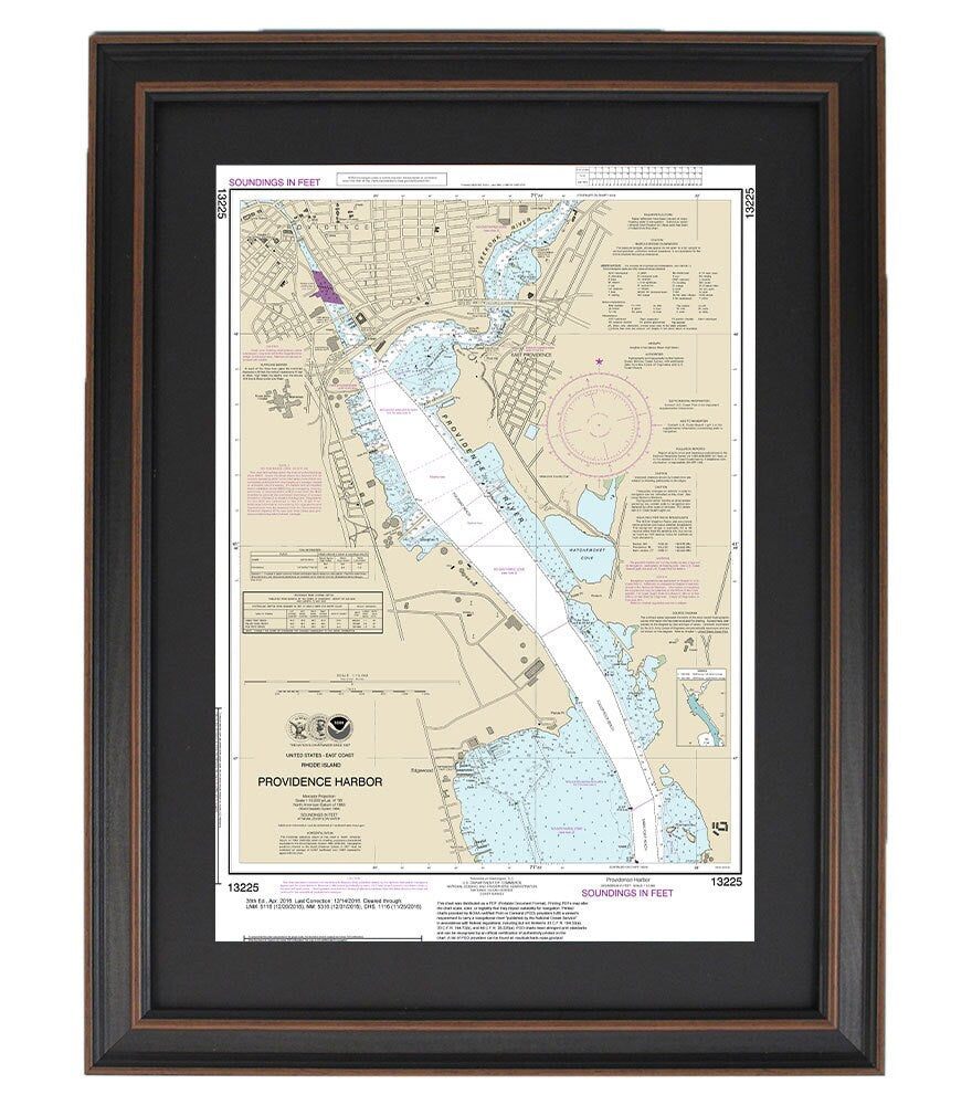 Framed Nautical Chart 13225 - Providence Harbor. NOAA 13225. Handmade in the USA.