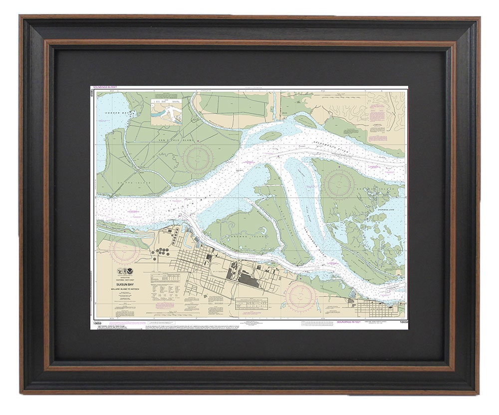 Framed Nautical Chart 18659 - Suisun Bay. Mallard Island to Antioch. NOAA 18659. Handmade in the USA.