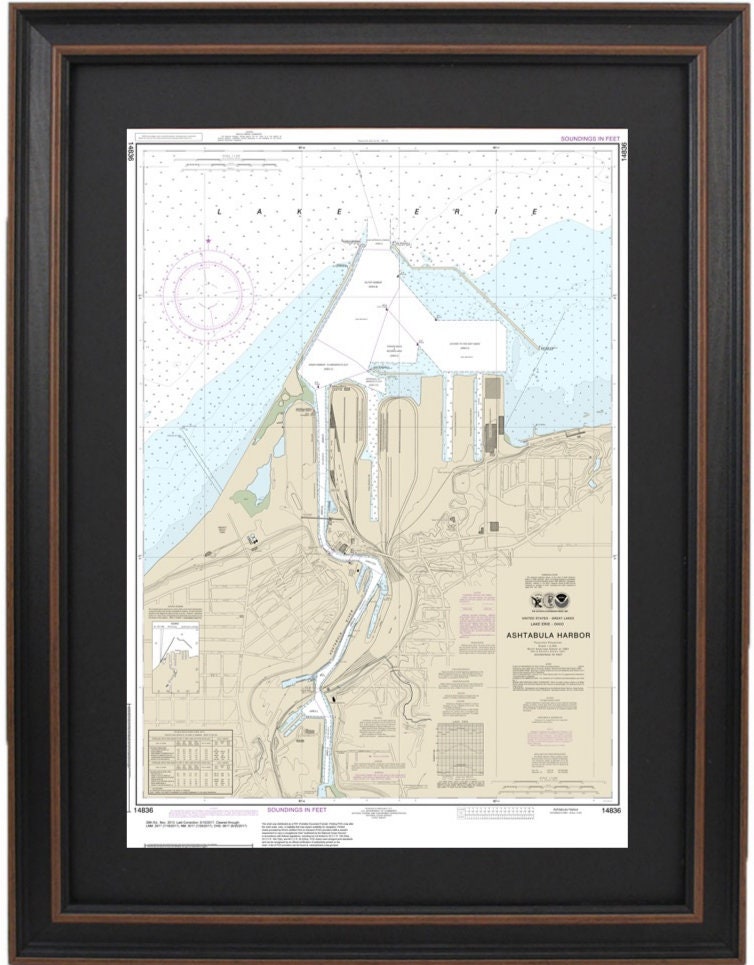 Framed Nautical Chart 14836 - Ashtabula Harbor, Lake Erie. NOAA 14836 Handmade in the USA.