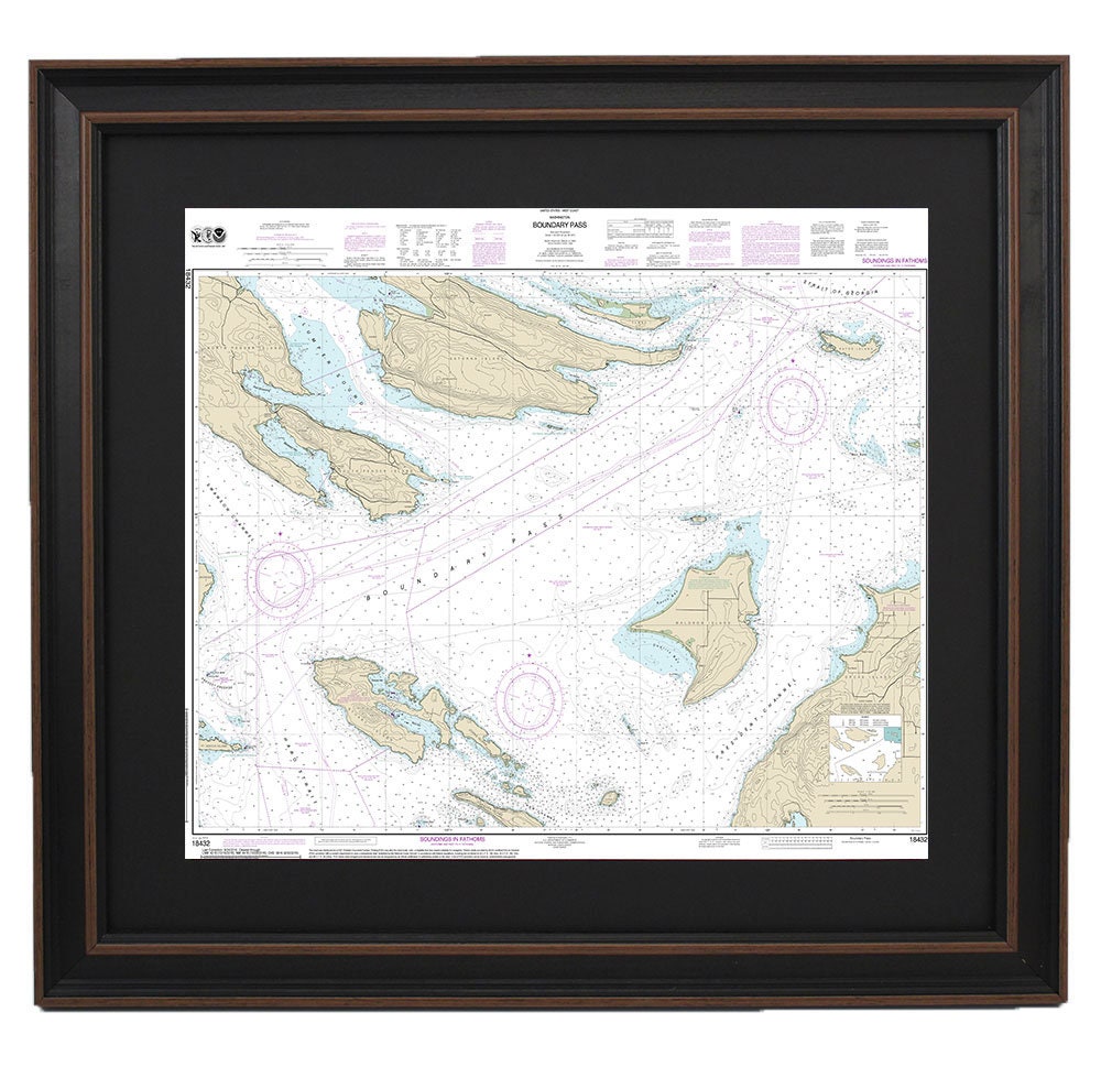 Framed Nautical Chart 18432 - Boundary Pass. NOAA 18432. Handmade in the USA.