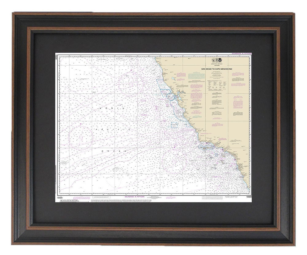 Framed Nautical Chart 18020 - San Diego to Cape Mendocino, NOAA 18020. Handmade in the USA.