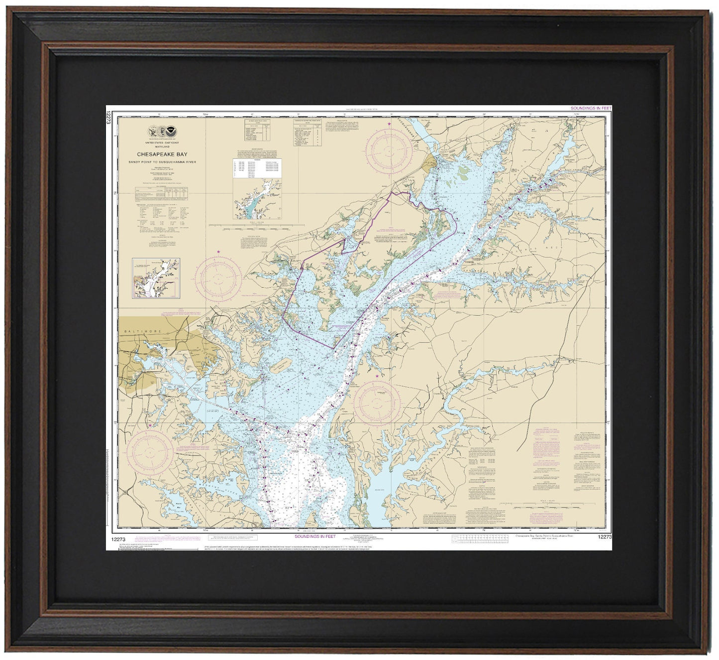 Framed Nautical Chart 12273 - Chesapeake Bay. Sandy Point to Susquehanna River. NOAA 12273. Handmade in the USA.