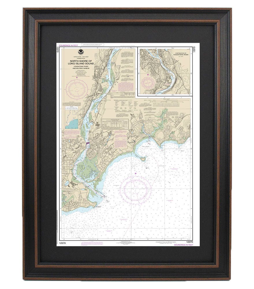 Framed Nautical Chart 12370 - North Shore of Long Island Sound. Housatonic River. NOAA 12370. Handmade in the USA.