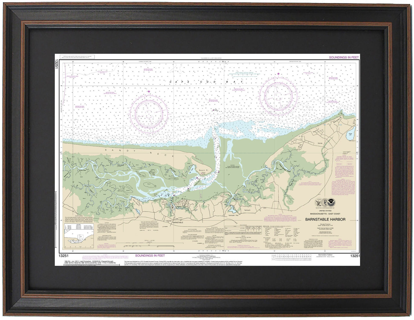 Framed Nautical Chart 13251 - Barnstable Harbor, MA. NOAA 13251. Handmade in the USA.