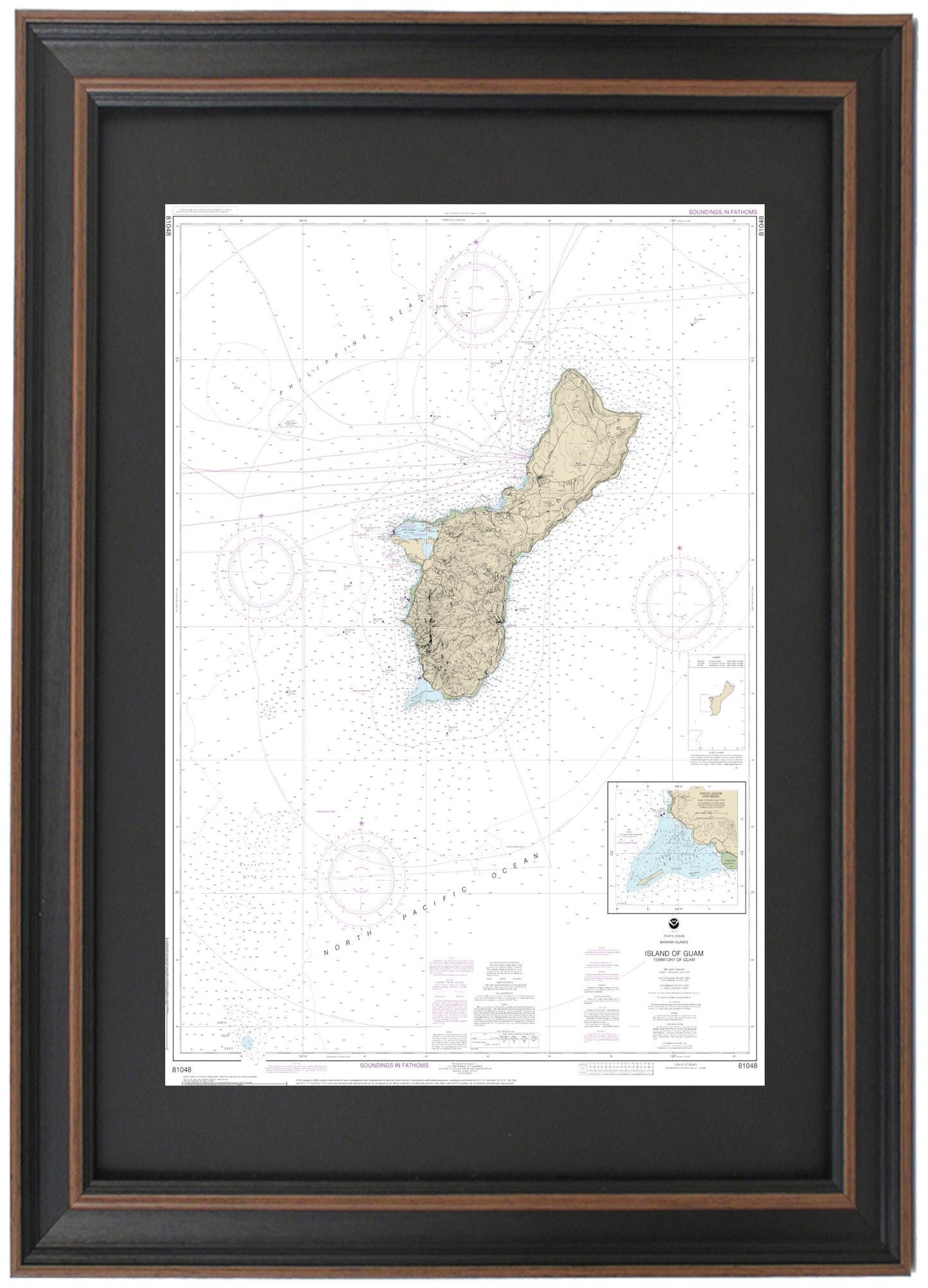 Framed Nautical Chart 81048 - Island of Guam (Territory of Guam). NOAA 81048. Handmade in the USA.