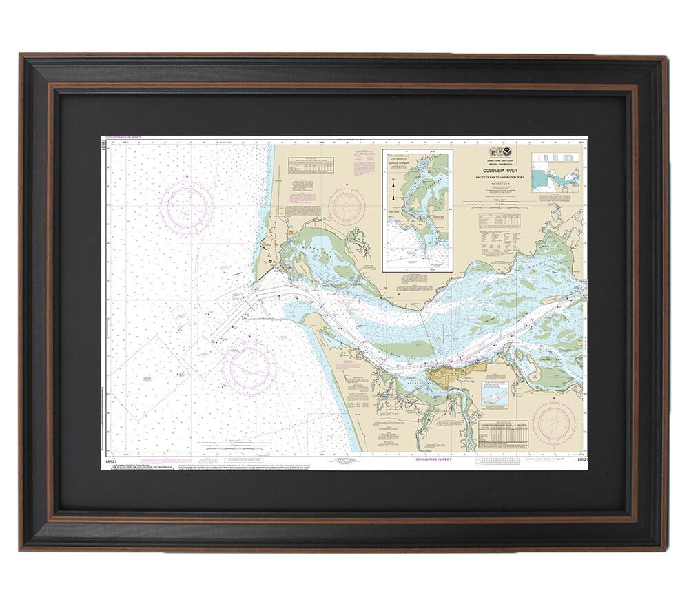 Framed Nautical Chart 18521 - Columbia River. Pacific Ocean to Harrington Point. Ilwaco Harbor. NOAA 18521. Handmade in the USA.