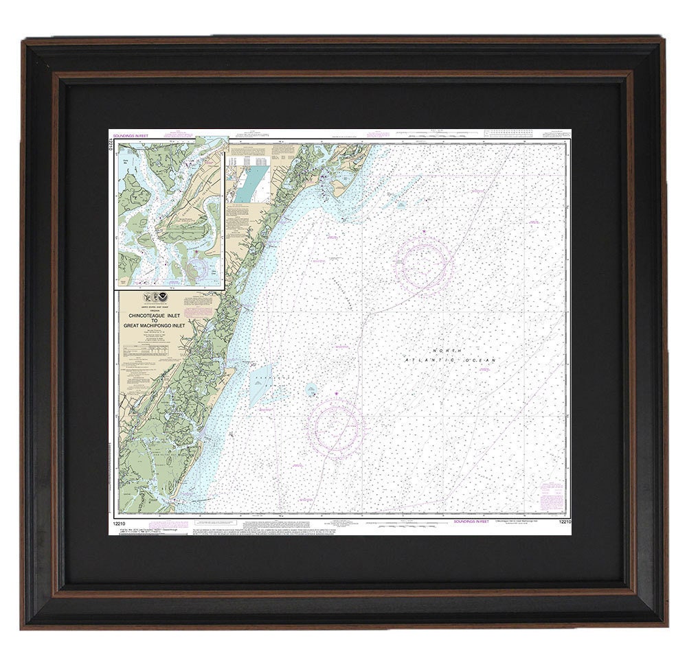 Framed Nautical Chart 12210 - Chincoteague Inlet to Great Machipongo Inlet. NOAA 12210. Handmade in the USA.