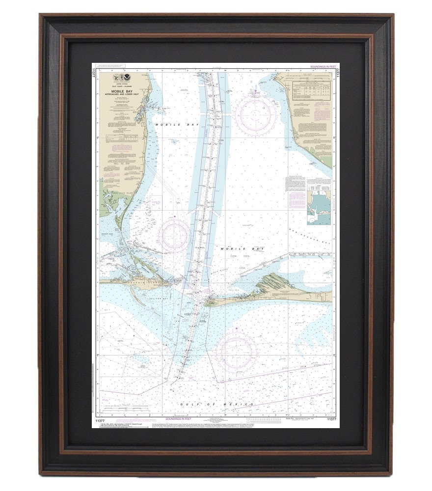 Framed Nautical Chart 11377 - Mobile Bay Approaches and Lower Half. NOAA 11377. Handmade in the USA.
