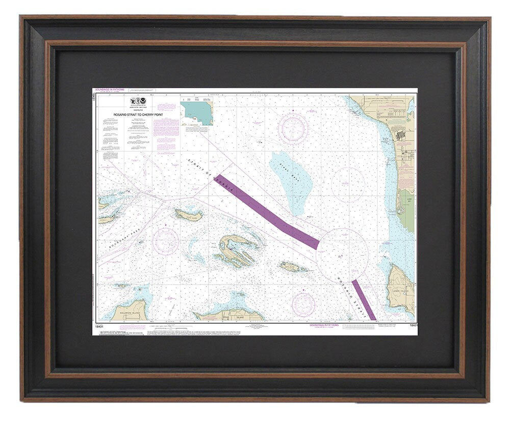 Framed Nautical Chart 18431 - Rosario Strait to Cherry Point. NOAA 18431. Handmade in the USA.