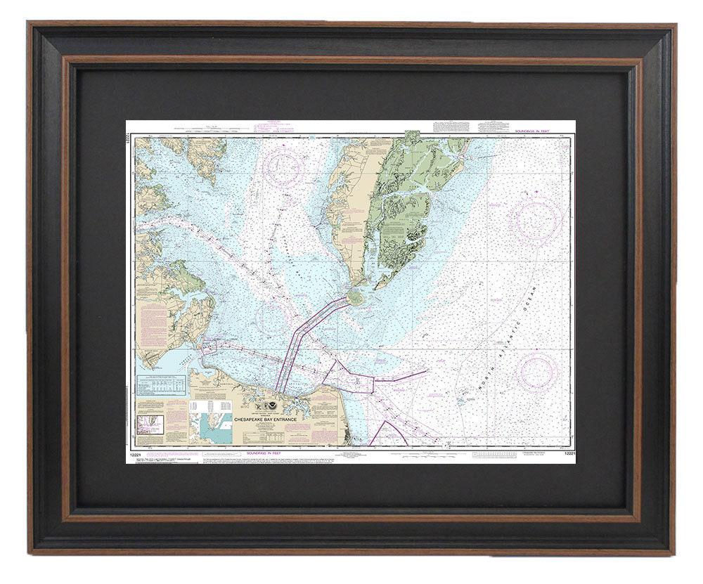 Framed Nautical Chart 12221 - Chesapeake Bay Entrance, NOAA 12221. Handmade in the USA.